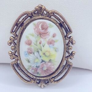 Vintage Floral Porcelain Brooch - Gold Tone Filigree Frame